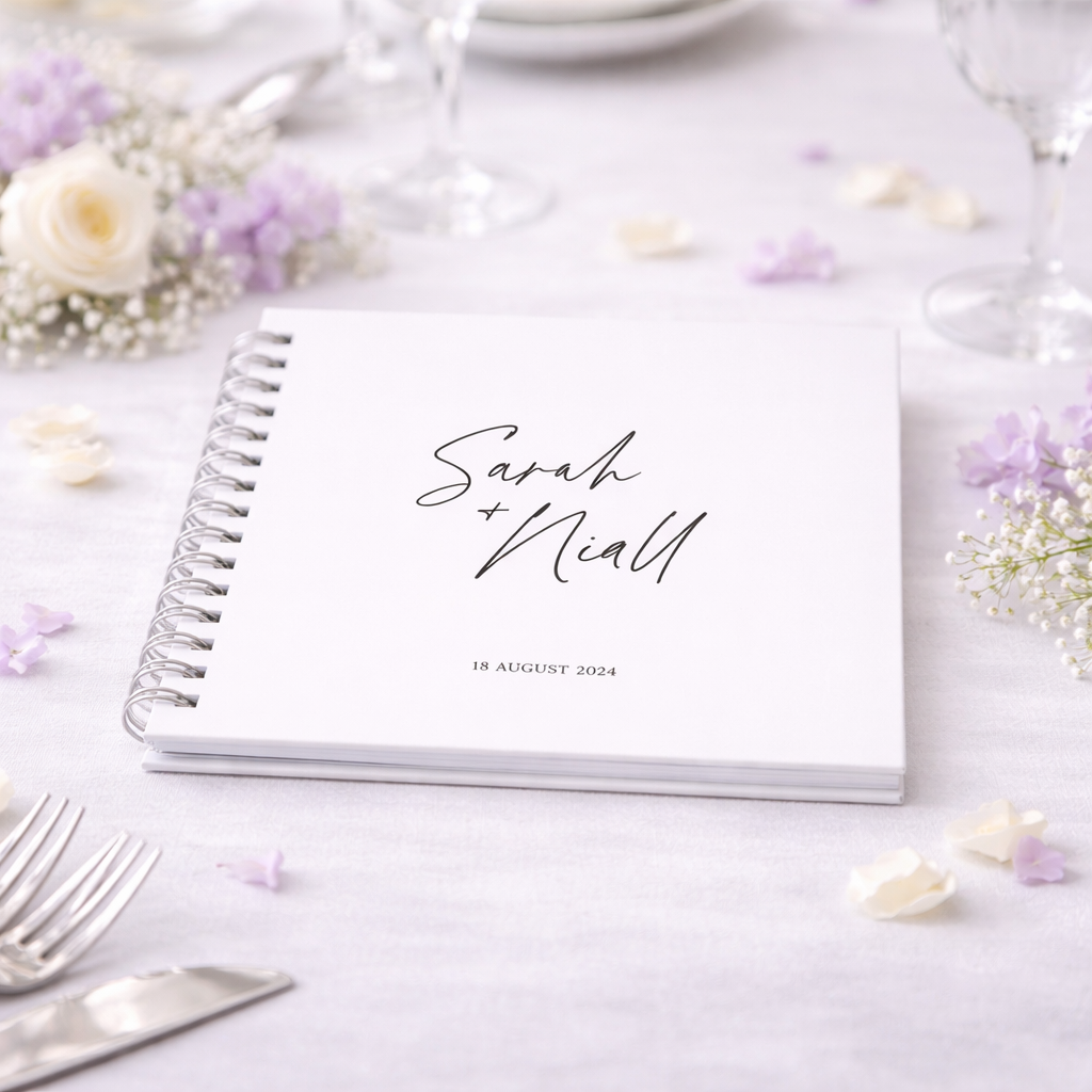 Personalized guestbook with 'Sarah & Niall' and a date on a decorative table setting with flowers and cutlery.