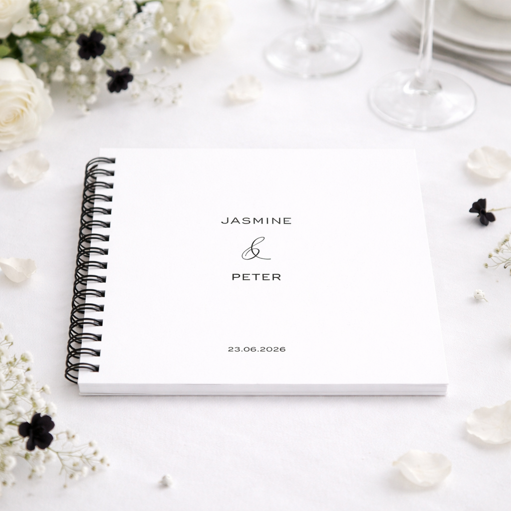 White guestbook with personalised names and date on a white surface with flowers and glasses.