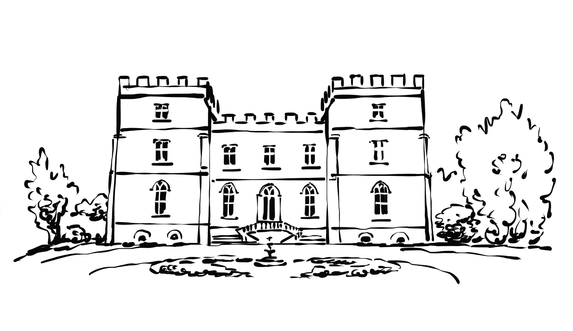 Black and white line drawing of a castle with trees on a white background