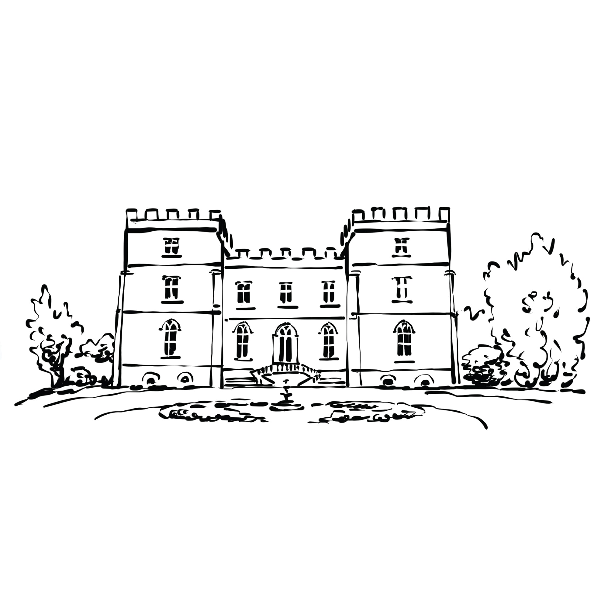 Black and white line drawing of a castle with trees on a white background