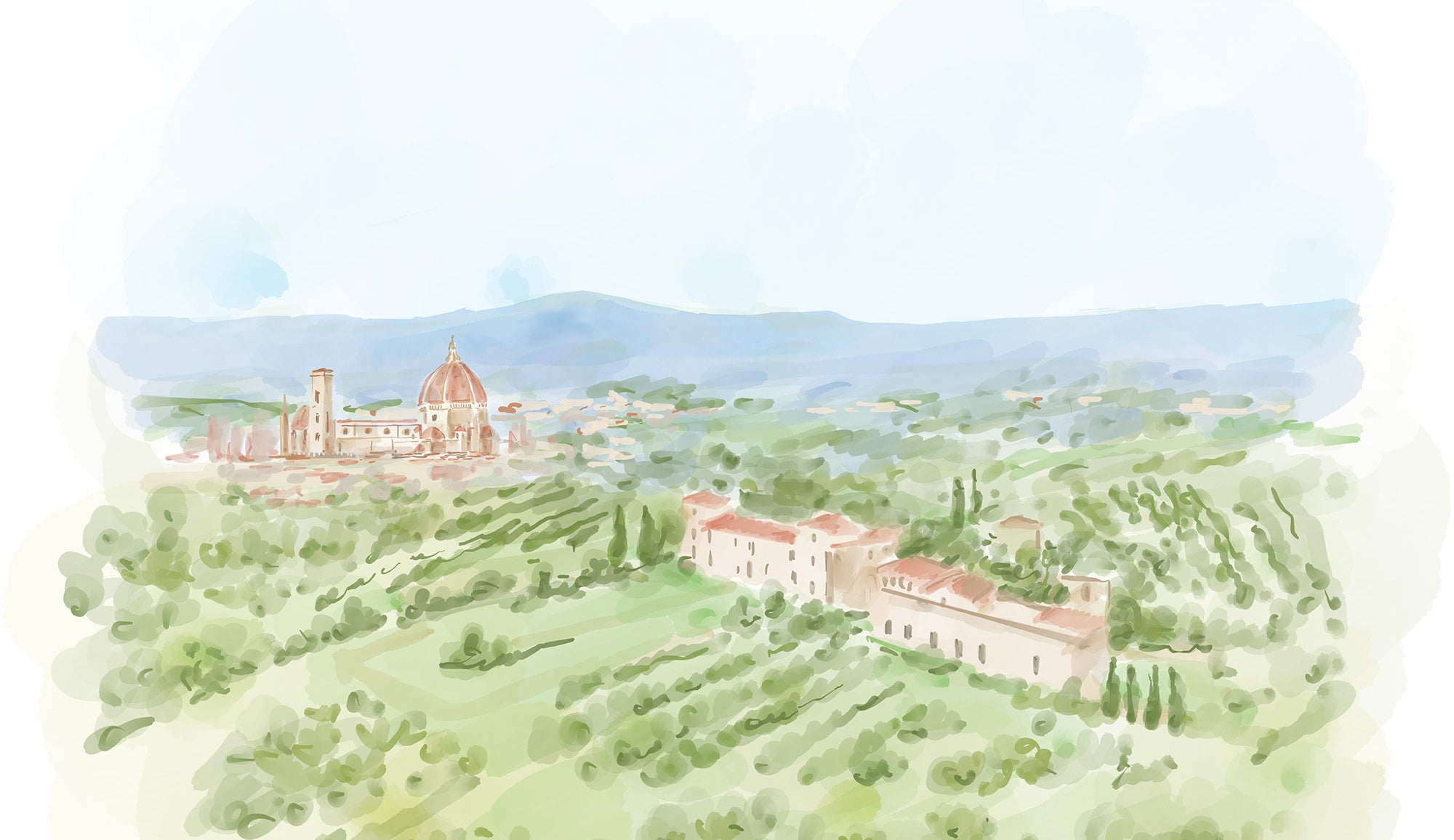 Watercolor painting of a scenic landscape with buildings and greenery