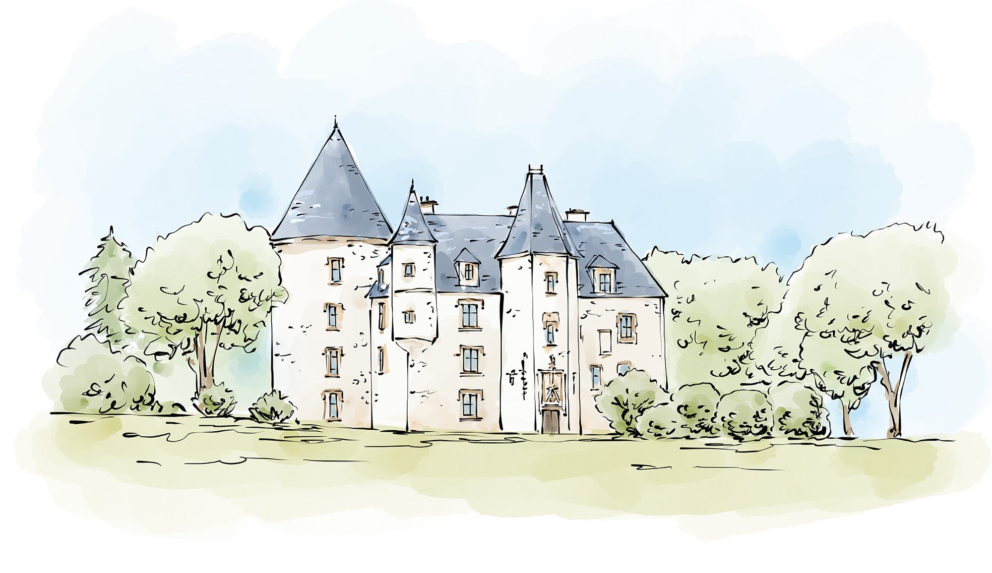 Illustration of a castle with trees in the foreground