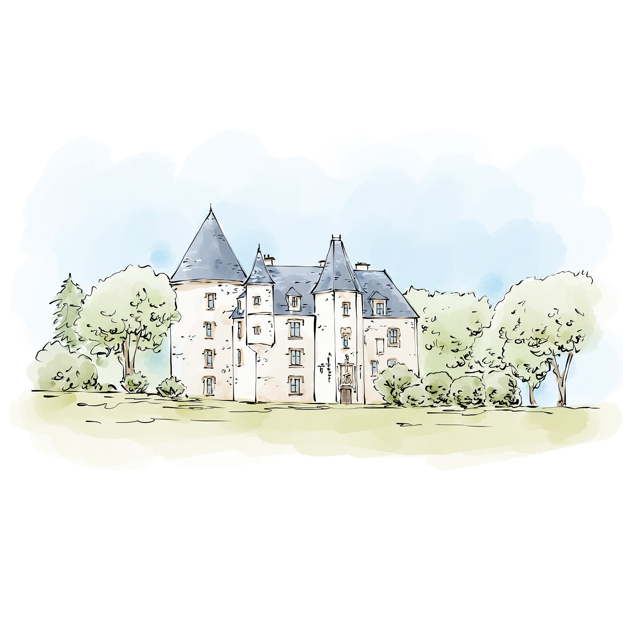 Illustration of a castle with trees in the foreground