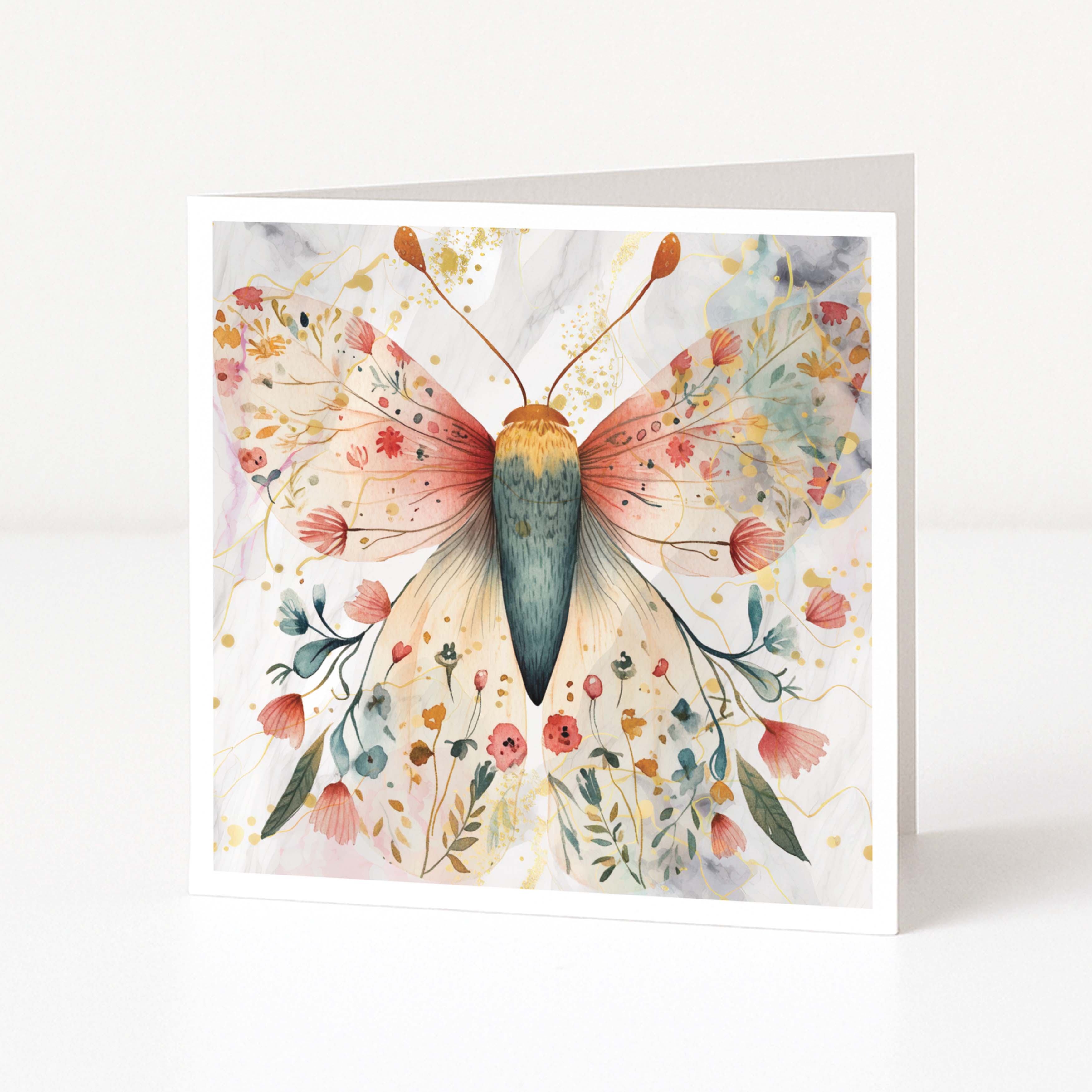 Greeting card with a colorful butterfly illustration on a white background