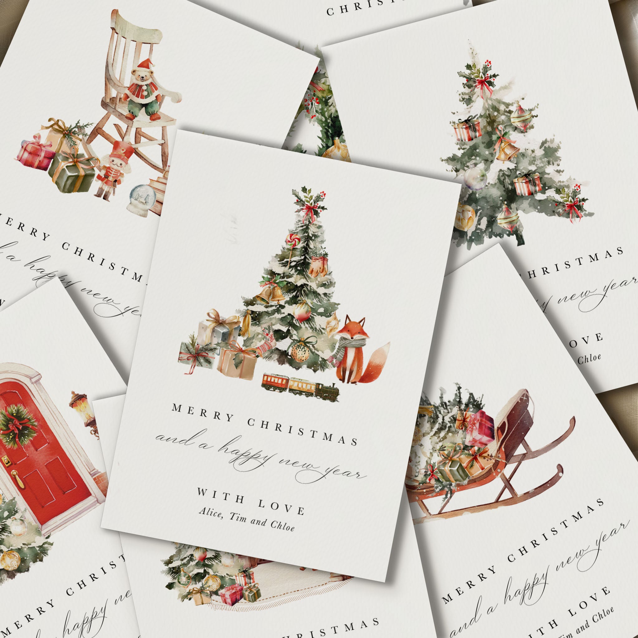 Collection of Christmas cards with festive illustrations and text.