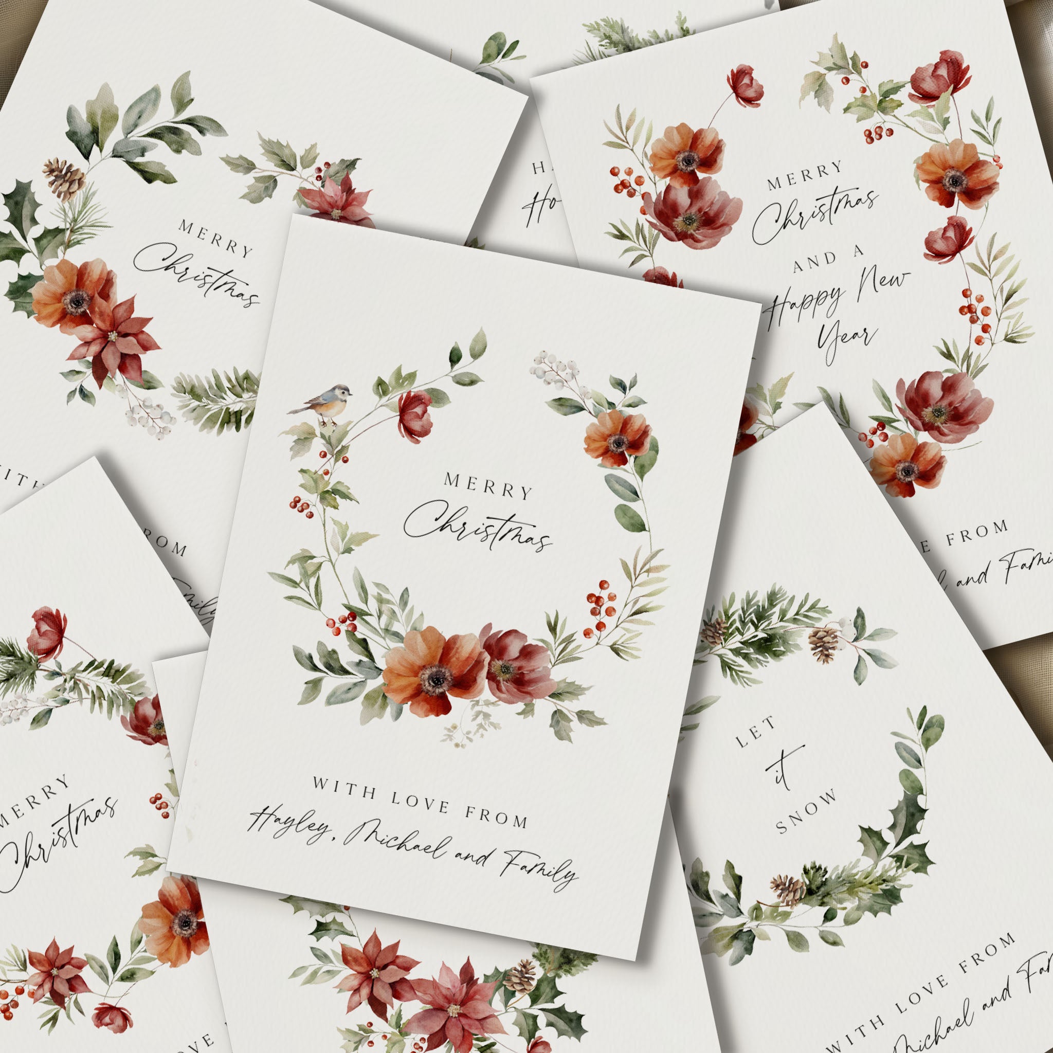 Set of Christmas cards with floral designs and text.