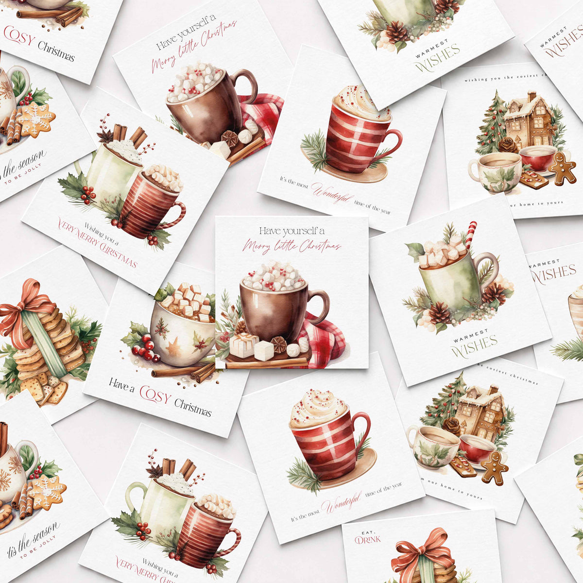 A flat lay of white square Christmas cards featuring watercolour-style artwork of mugs of drinks, marshmellows and cookies alongside festive sentiments, all on a white background.