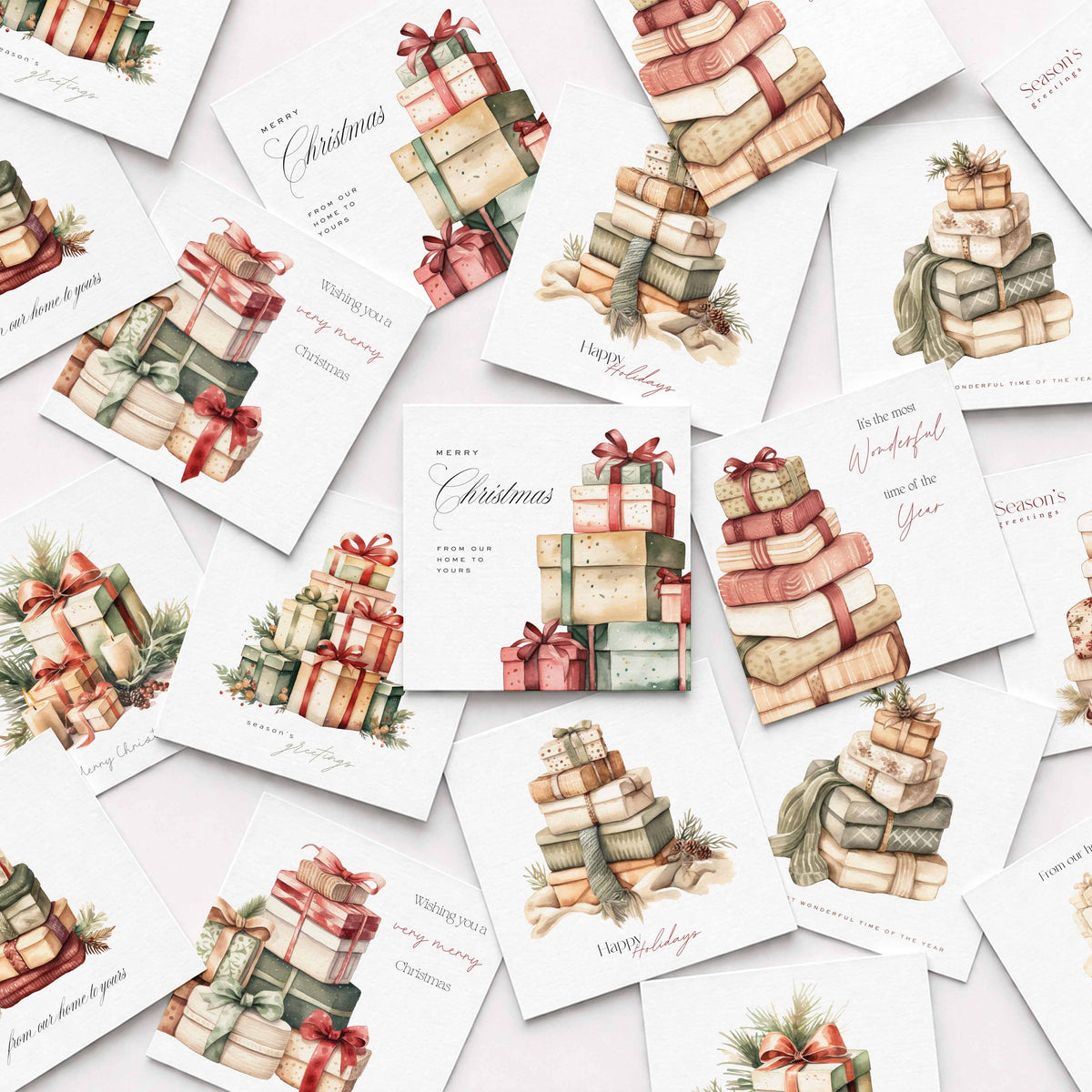 A collage of white Christmas greeting cards scattered on a light background, each featuring watercolor illustrations of stacked gift boxes, ribbons, and holiday text such as 'Merry Christmas' and 'Happy New Year'.