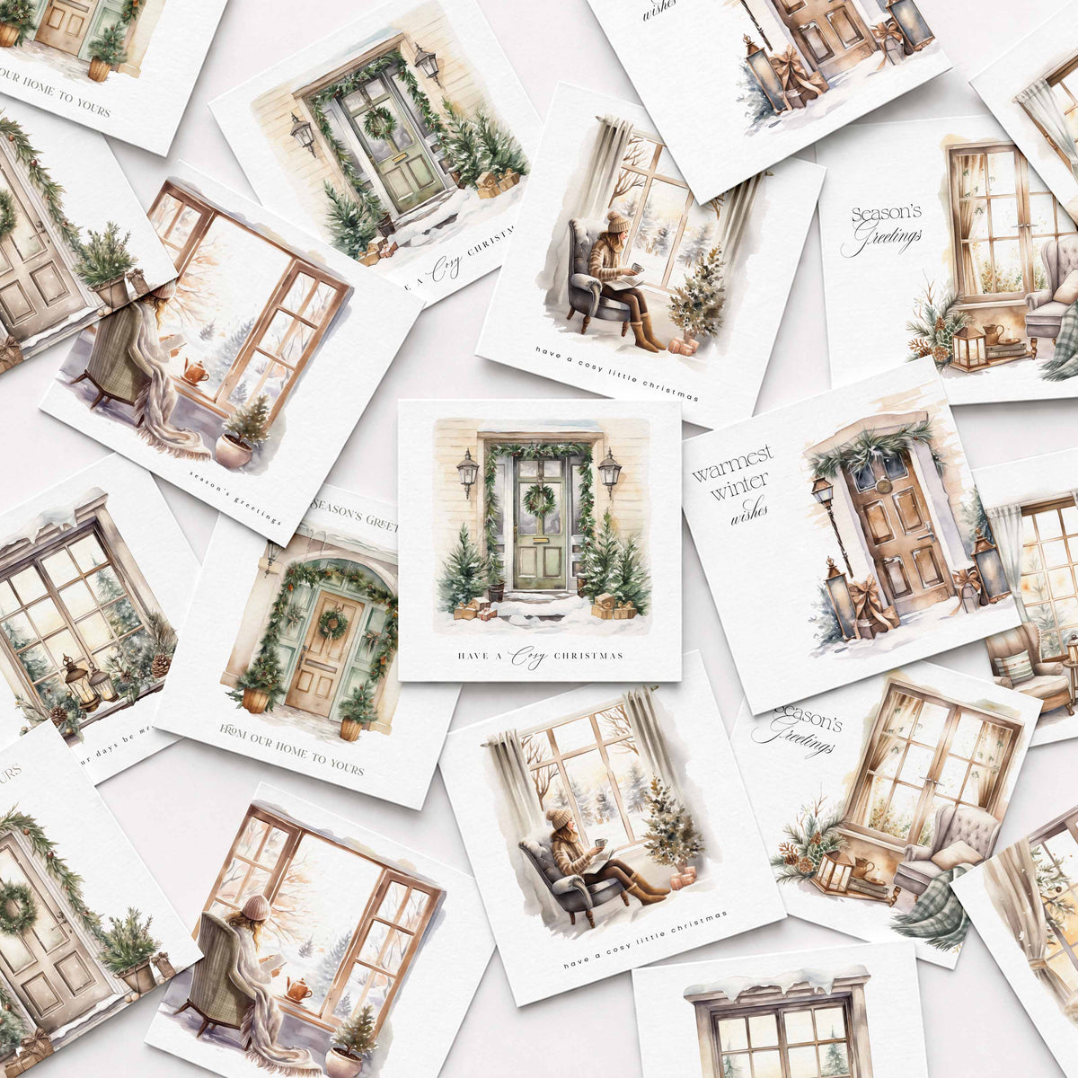 A collage of vintage-style illustrated postcards or art prints scattered on a white background, featuring watercolor winter scenes with doors, windows, plants, and cozy interior details.