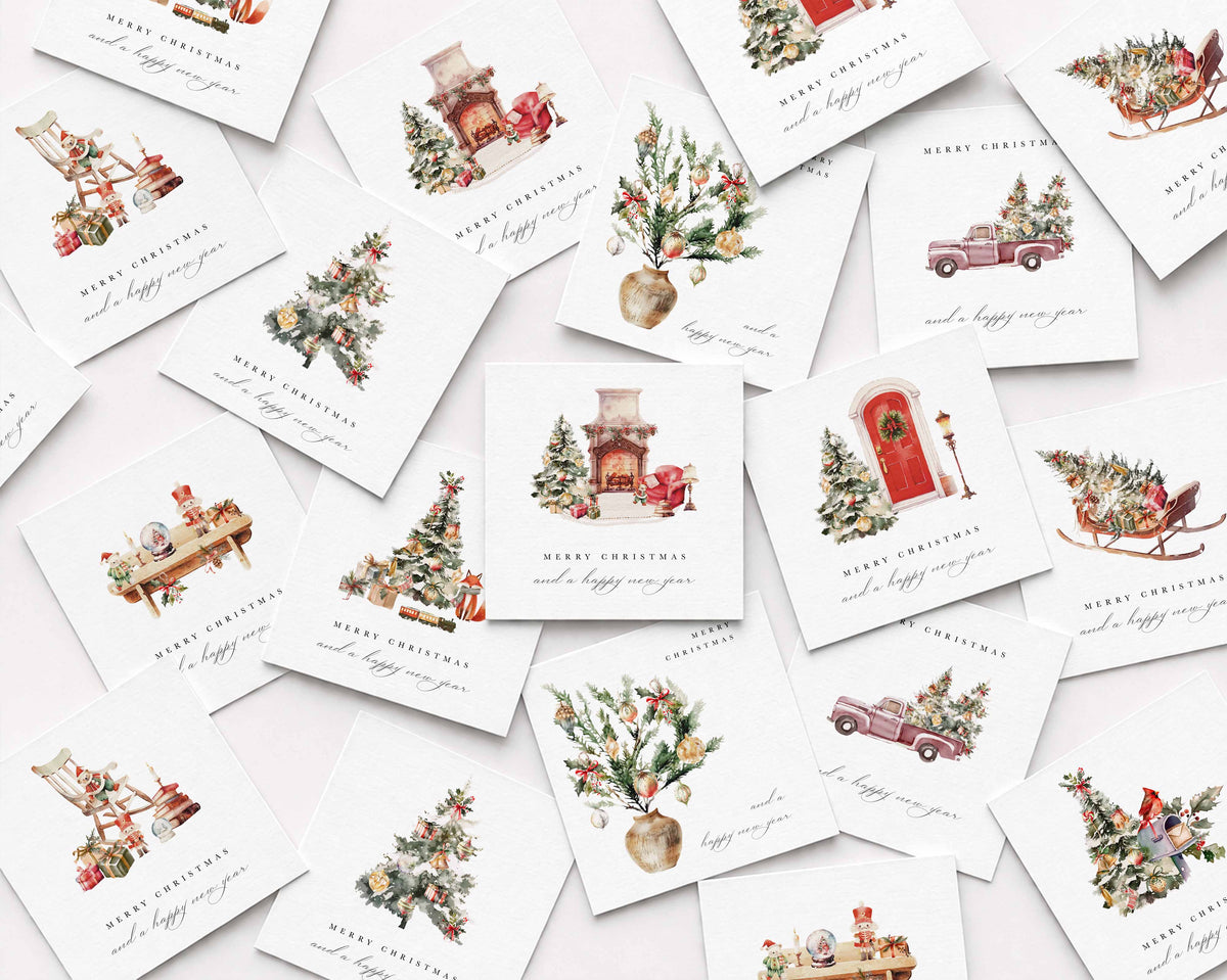 A scattered arrangement of square Christmas greeting cards on a light background. Each card features a delicate watercolor-style illustration, including a fireplace with a red sleigh, decorated trees, vintage trucks, and holiday motifs, with the text 'MERRY CHRISTMAS and a happy winter' in cursive script.