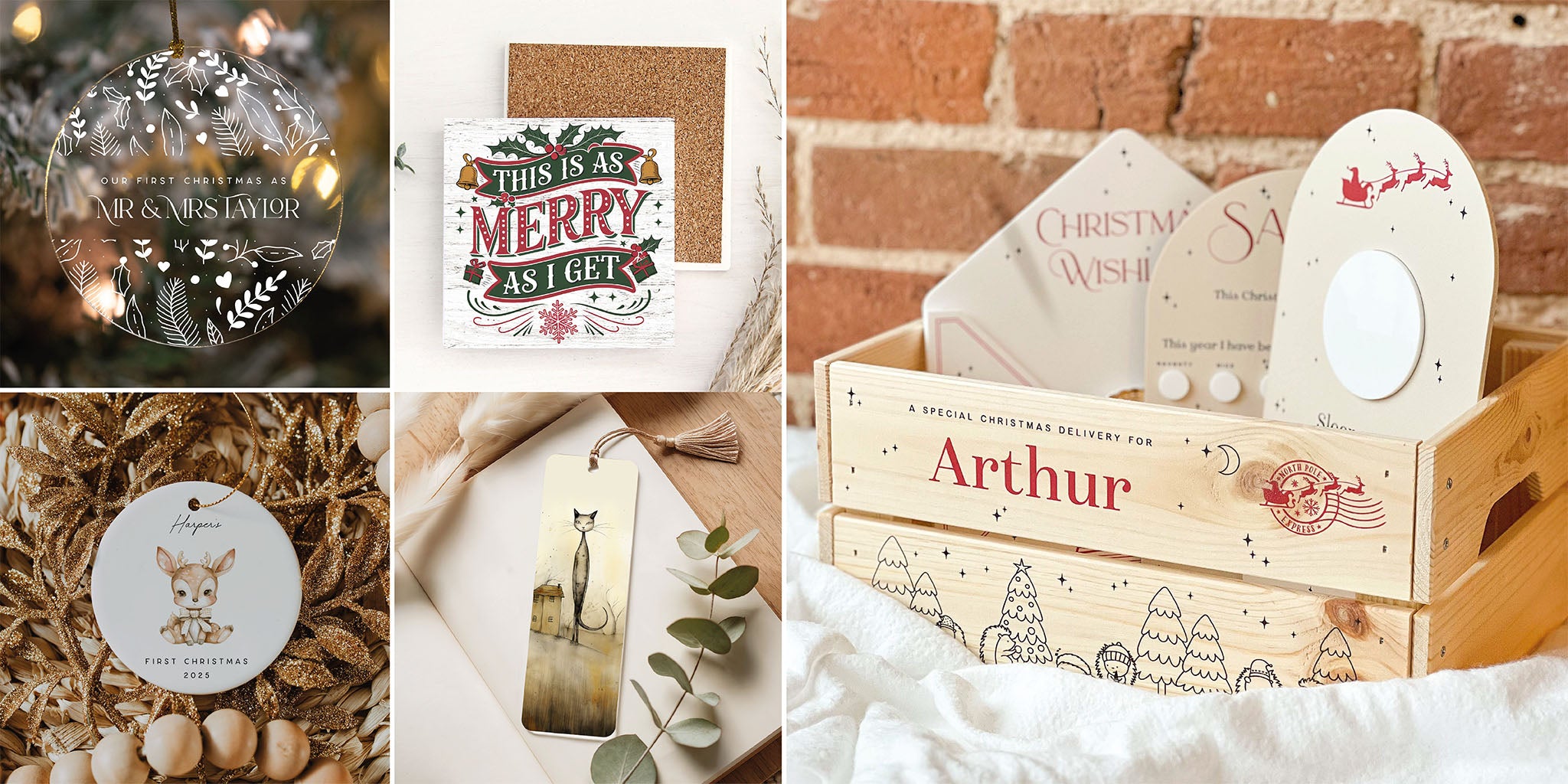 Collection of personalized Christmas cards and decorations with text and festive designs.
