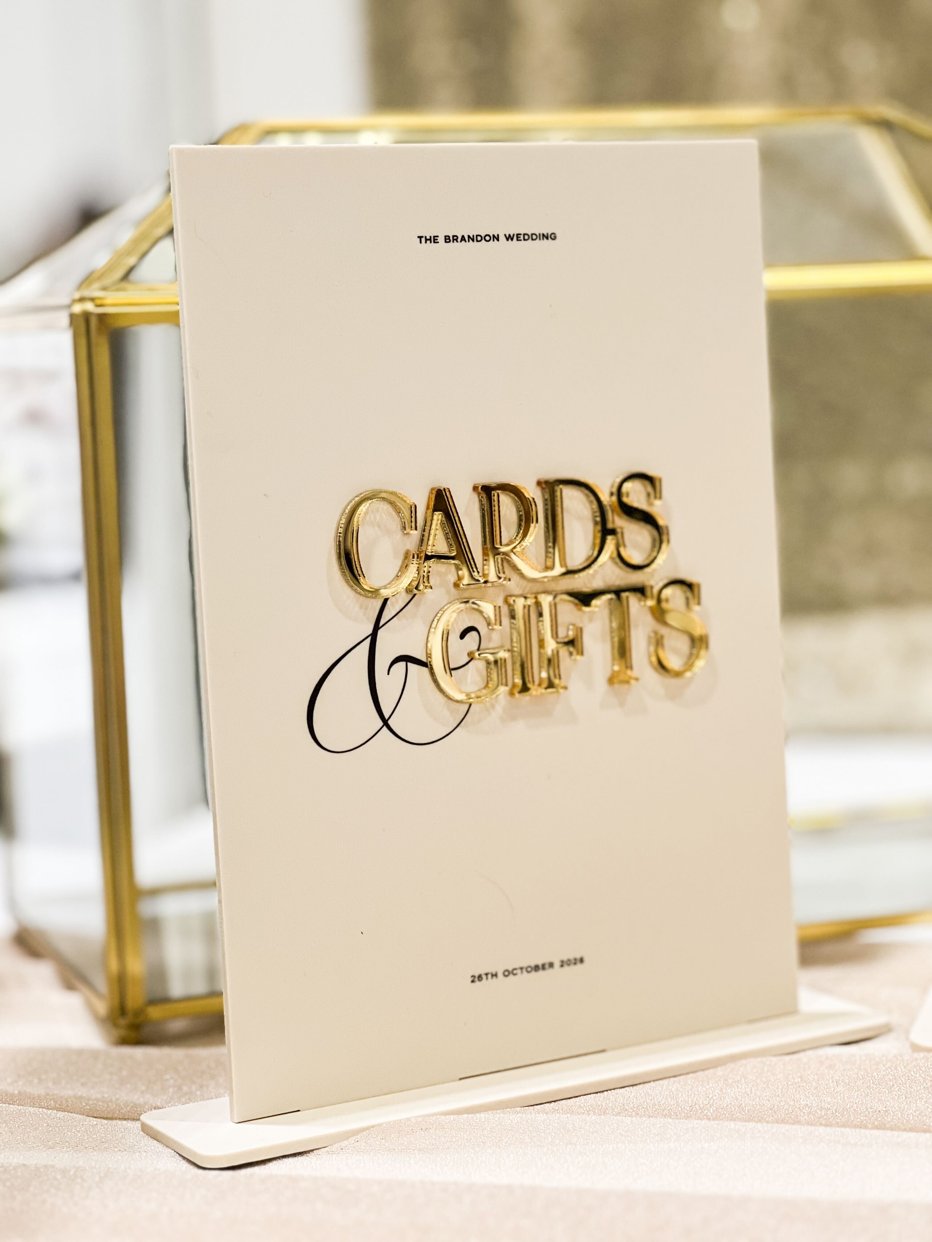 champagne acrylic cards and gifts sign with 3d gold text