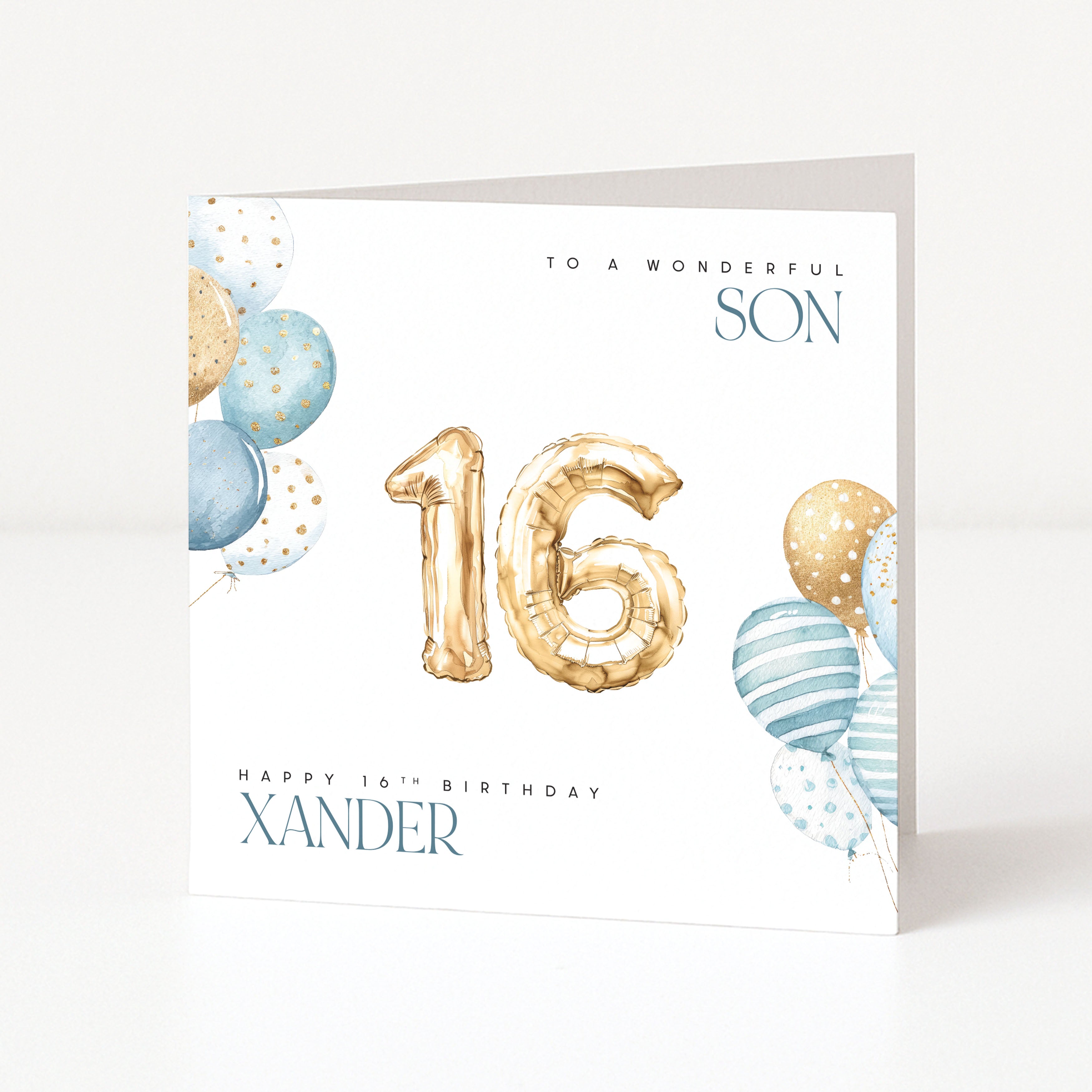Greeting card with gold '16' balloons and personalized text on a white background