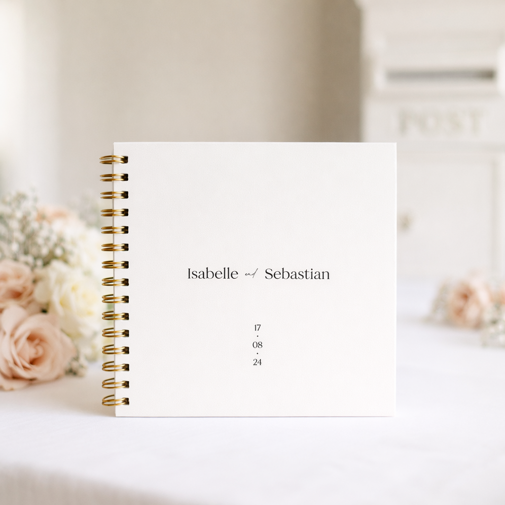 white wedding guest book with gold binder on white table cloth with blush flowers