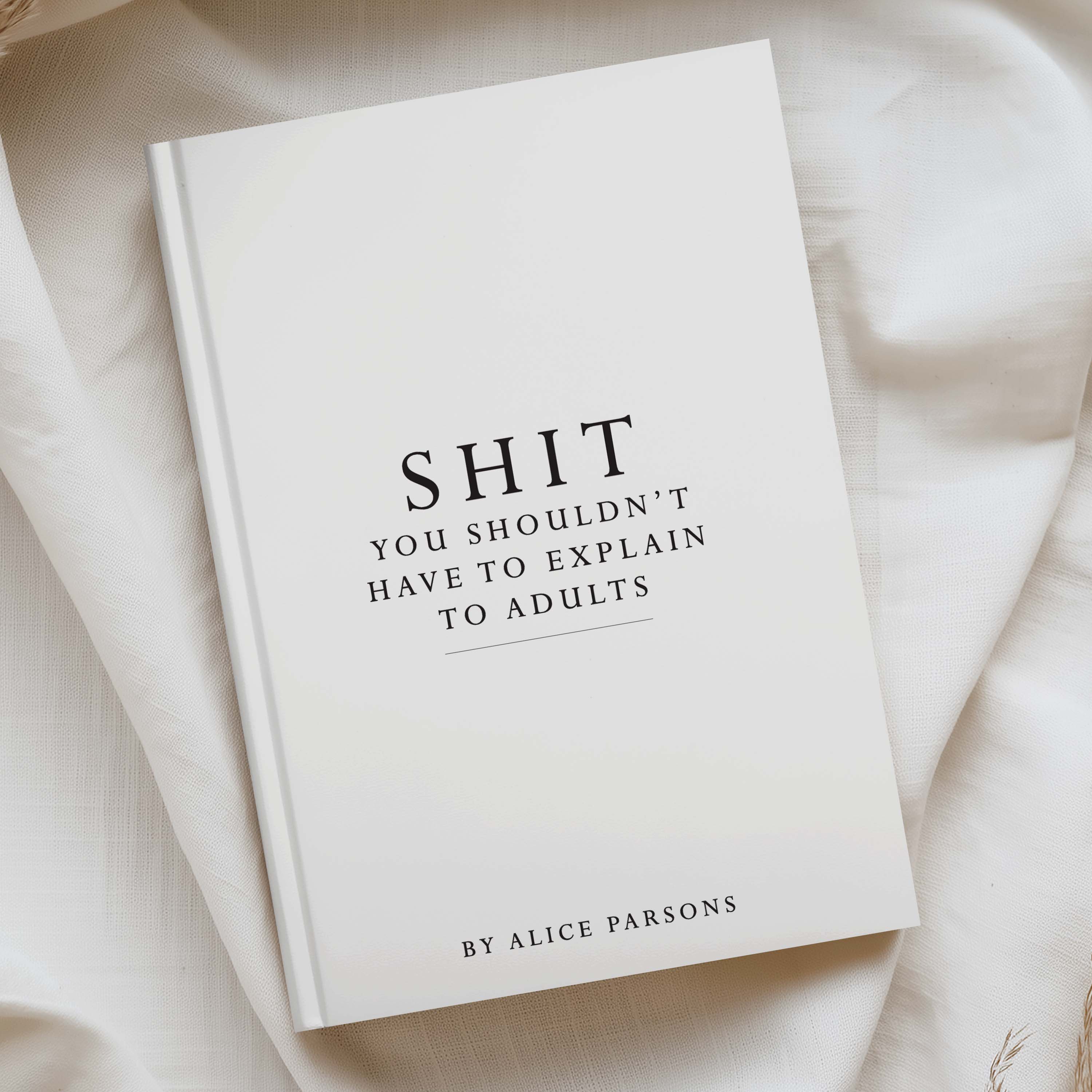 A hardcover book titled 'SHIT YOU SHOULDN'T HAVE TO EXPLAIN TO ADULTS' by Alice Parsons, photographed on draped cream fabric.