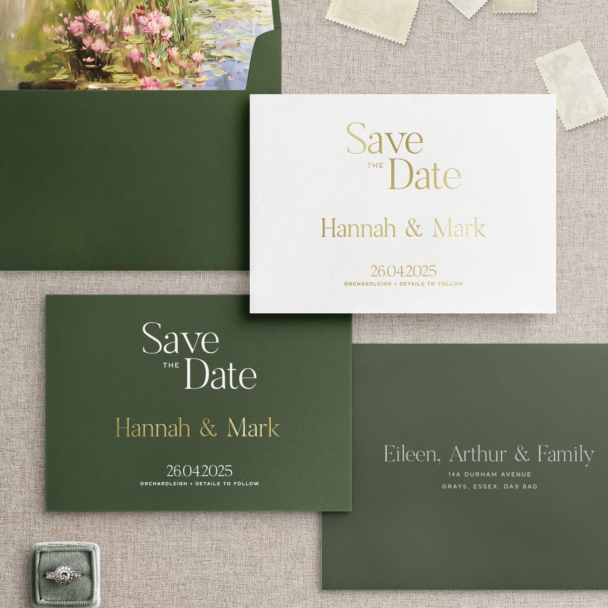 dark green and gold foil wedding save the date with printed envelope and envelope liner