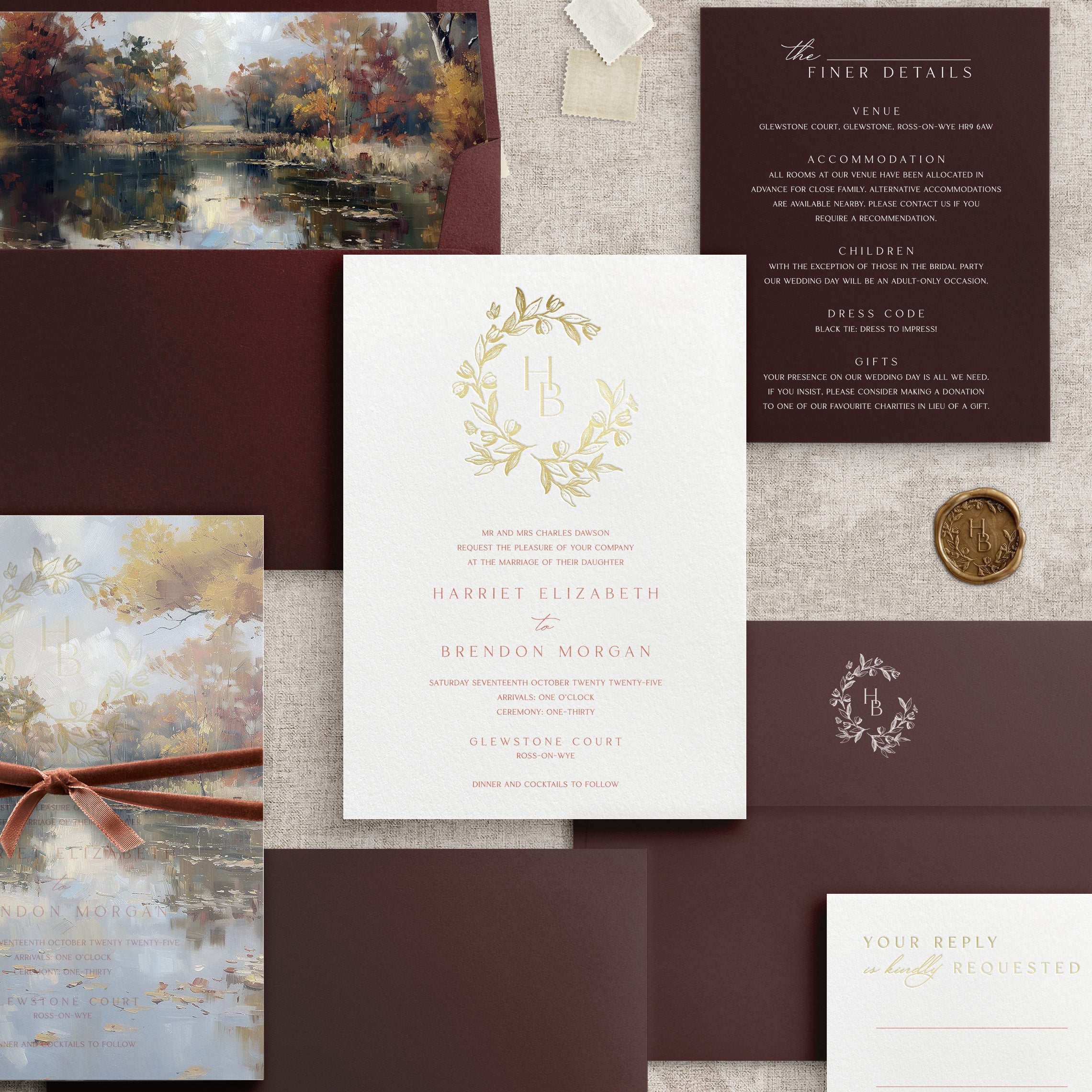 Gold foil wedding invitations with autumnal printed vellum jacket and matching envelope liners, with Burgundy envelope and gold wax seal