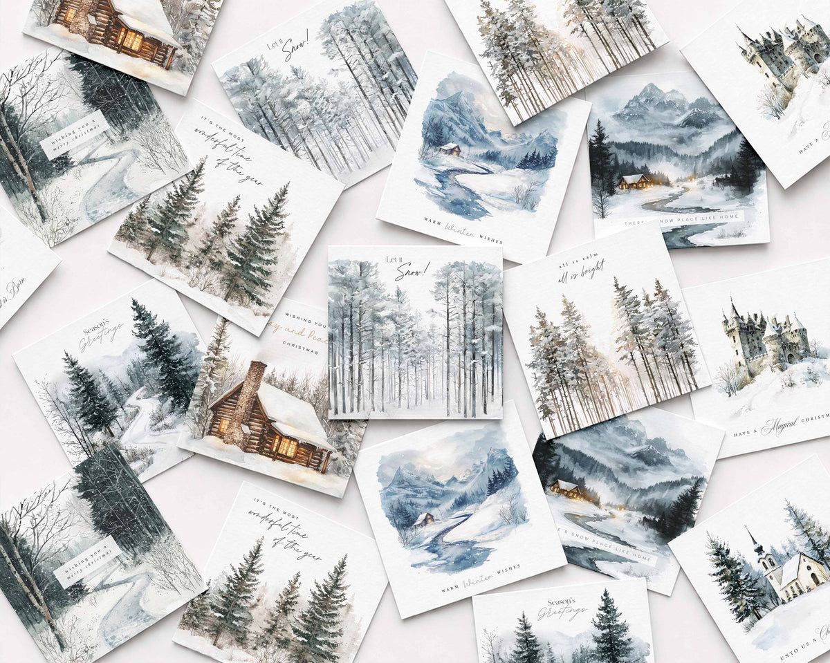 A collage of watercolour illustrated Christmas cards on a white background