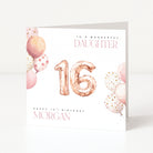 Greeting card with rose gold balloons and '16' for a 16th birthday celebration.