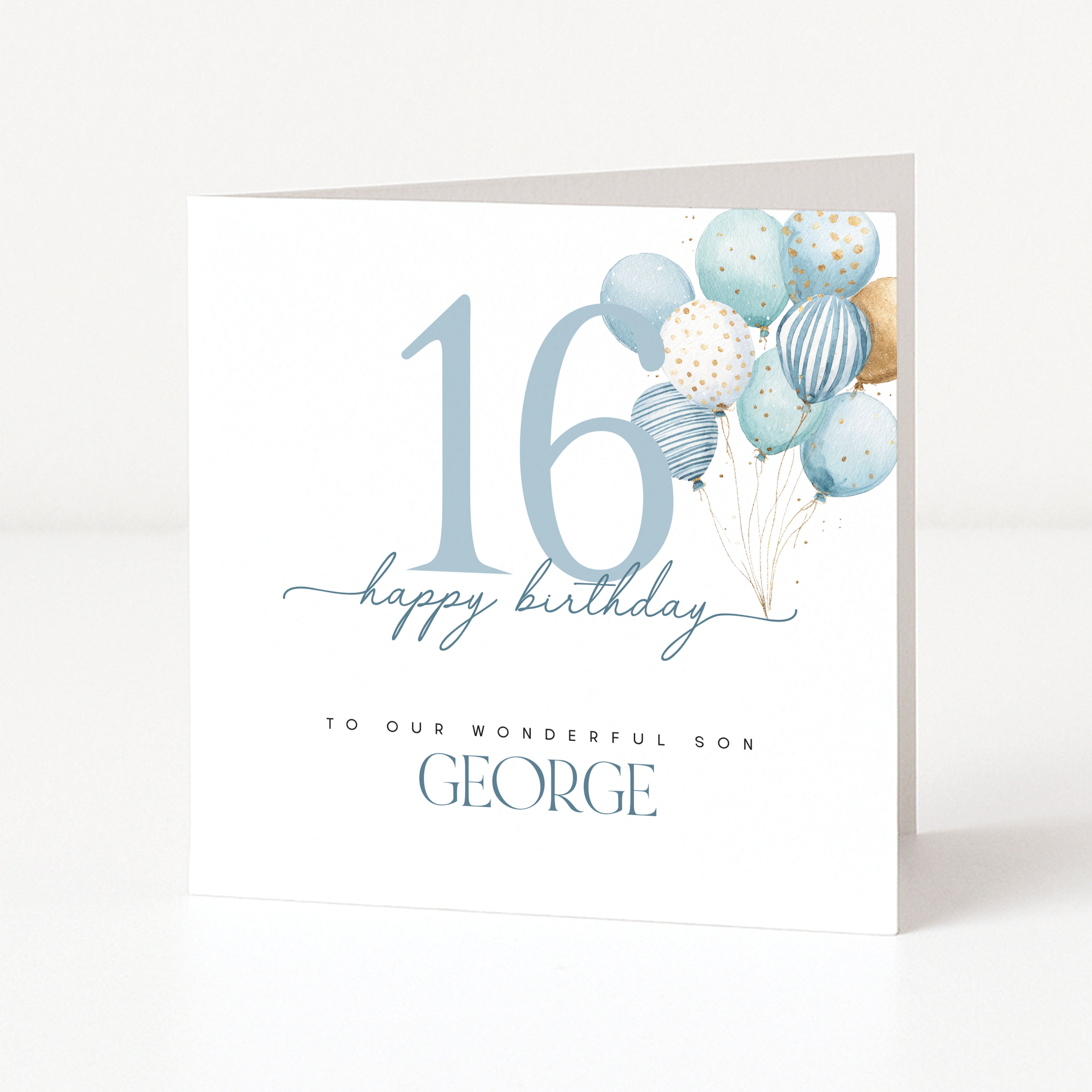 16th Birthday card with balloons and personalized text on a white background