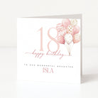 18th birthday card with pink balloons and personalized text on a white background