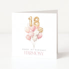 Greeting card with balloons and gold number 18 for a 18th birthday, personalized with 'Harmony'.