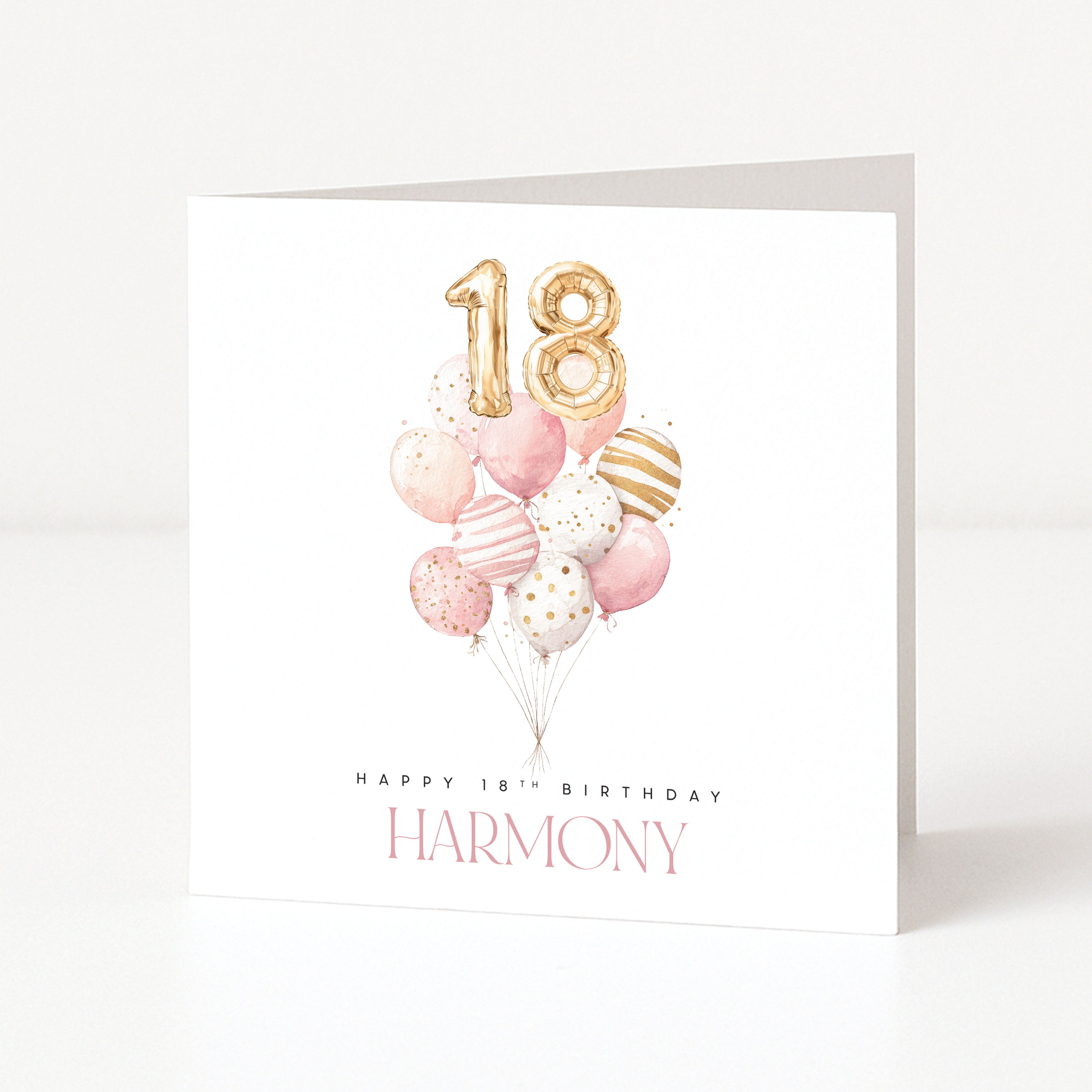 Greeting card with balloons and gold number 18 for a 18th birthday, personalized with 'Harmony'.