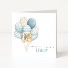 Greeting card with blue balloons and gold number '18' for a 18th birthday, personalized with 'Happy 18th Birthday Harry'.