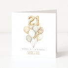 Greeting card with balloons and number '21' for a 21st birthday, personalized with 'Happy 21st Birthday Abigail'.