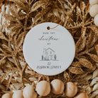 Decorative ornament with 'Our 1st Christmas at 22 Harbor Street' text on a gold leaf and bead background.