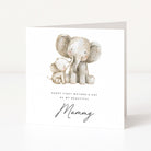 Greeting card with two elephants and text on a white background