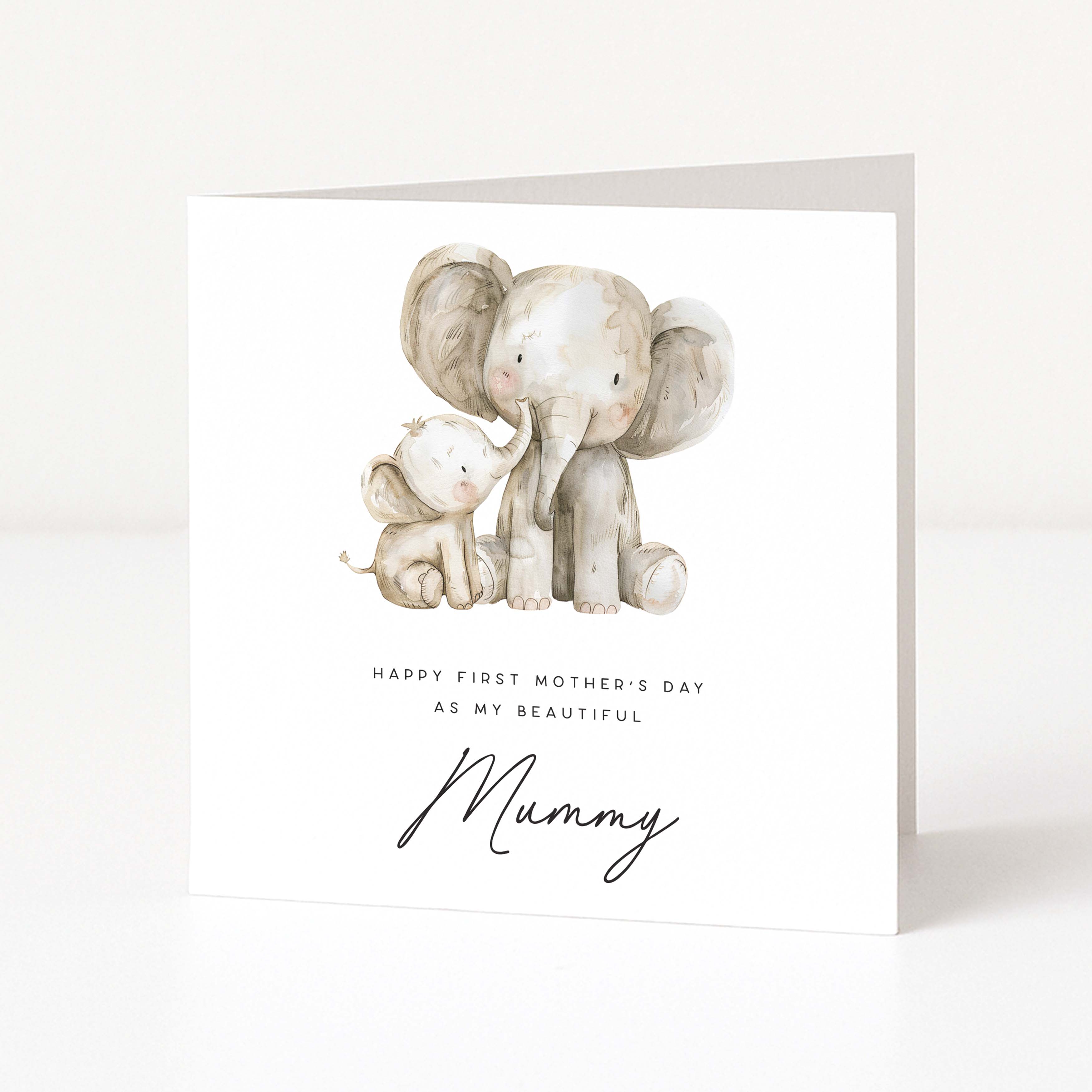 Greeting card with two elephants and text on a white background