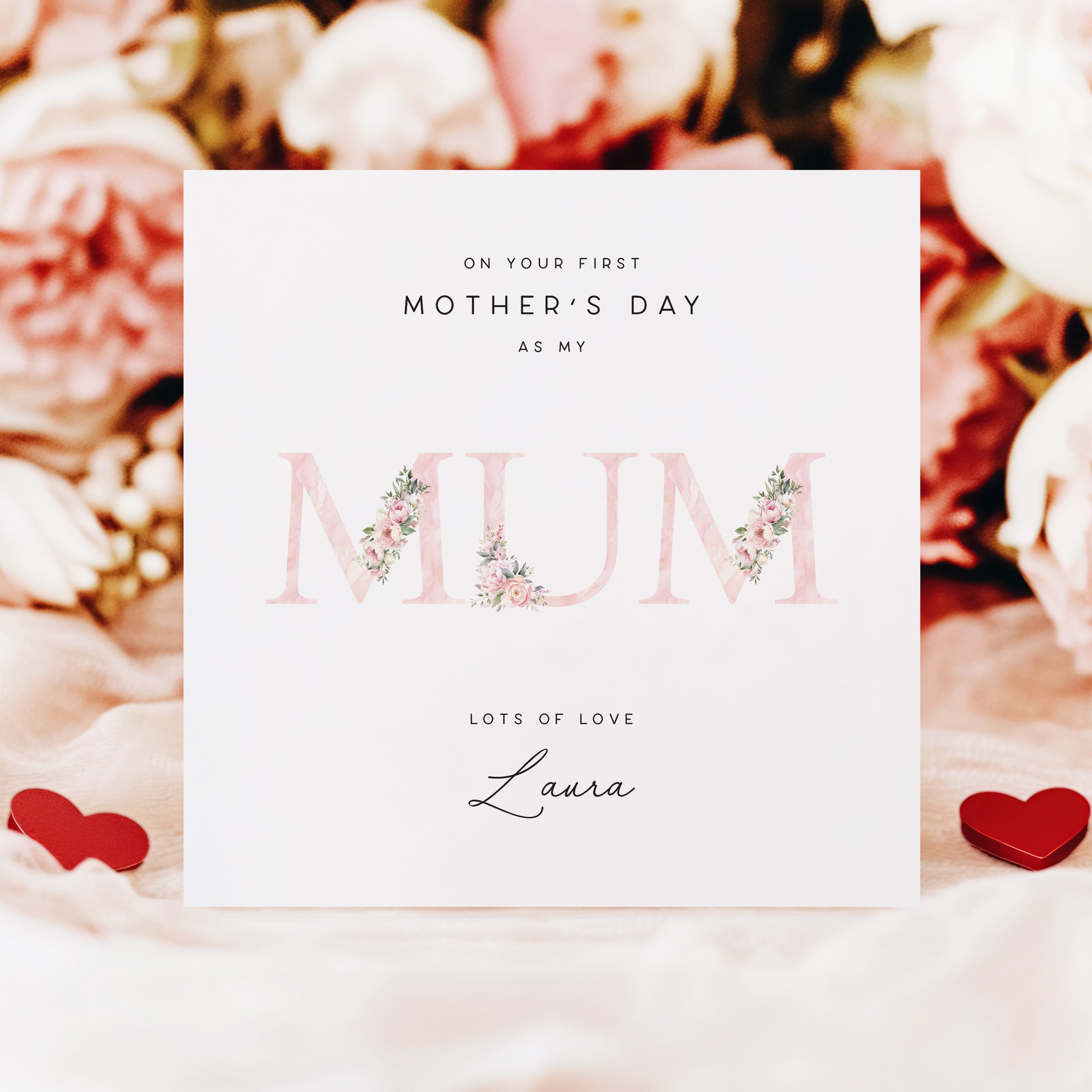 Card with 'On your first Mother's Day as my Mum' text on a floral background