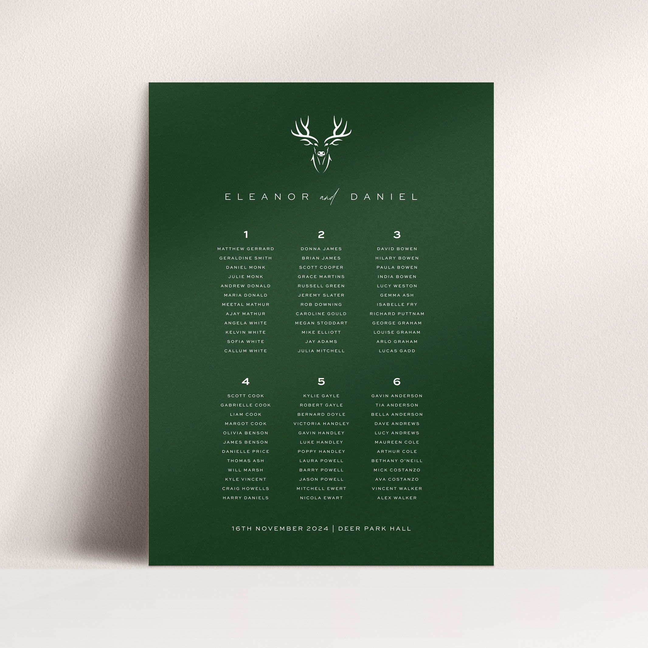 Modern Stag Head Wedding Seating Plan in Forest Green - Highgate Collection, Elle Bee Design