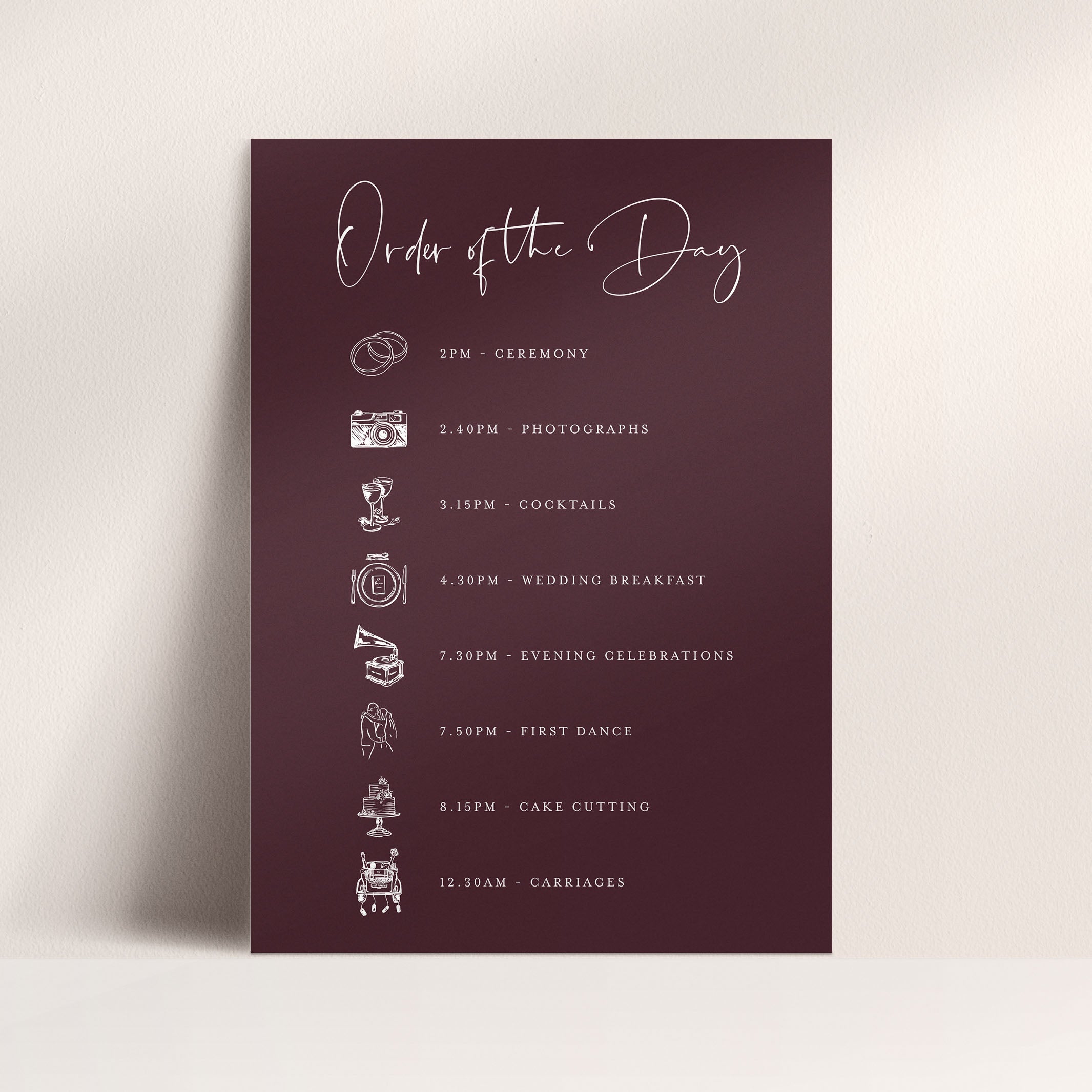 Modern Order of the Day Sign for Wedding in Burgundy - Kilburn Collection, Elle Bee design