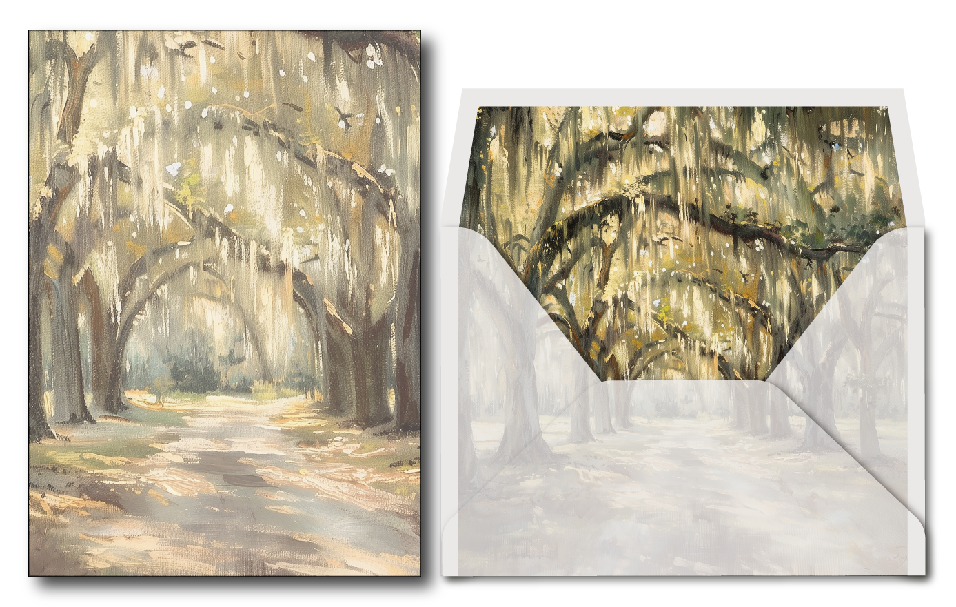 Printed vellum jacket with a scenic landscape of trees and a path, featuring an envelope on the right.