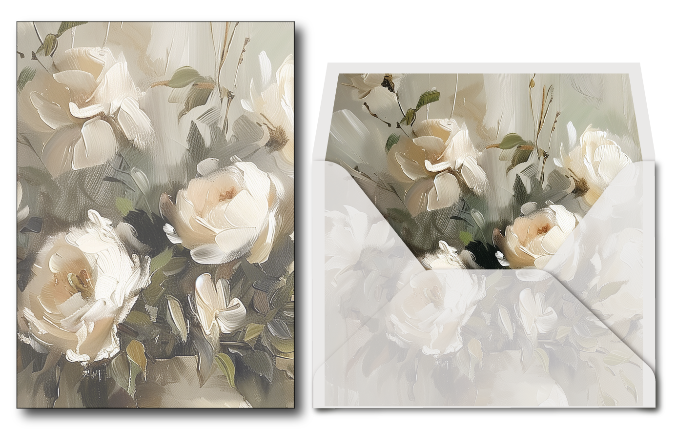 Printed vellum jacket and envelope liner with beige roses and greenery on a white background