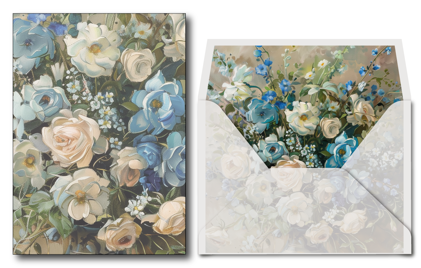 Floral Printed vellum jacket with matching envelope featuring blue and beige flowers.