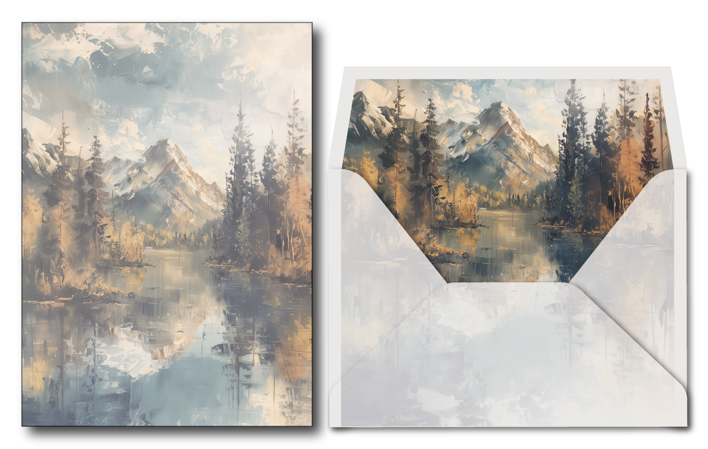 Scenic Printed vellum jacket with mountains, trees, and a lake, featuring an open envelope view.
