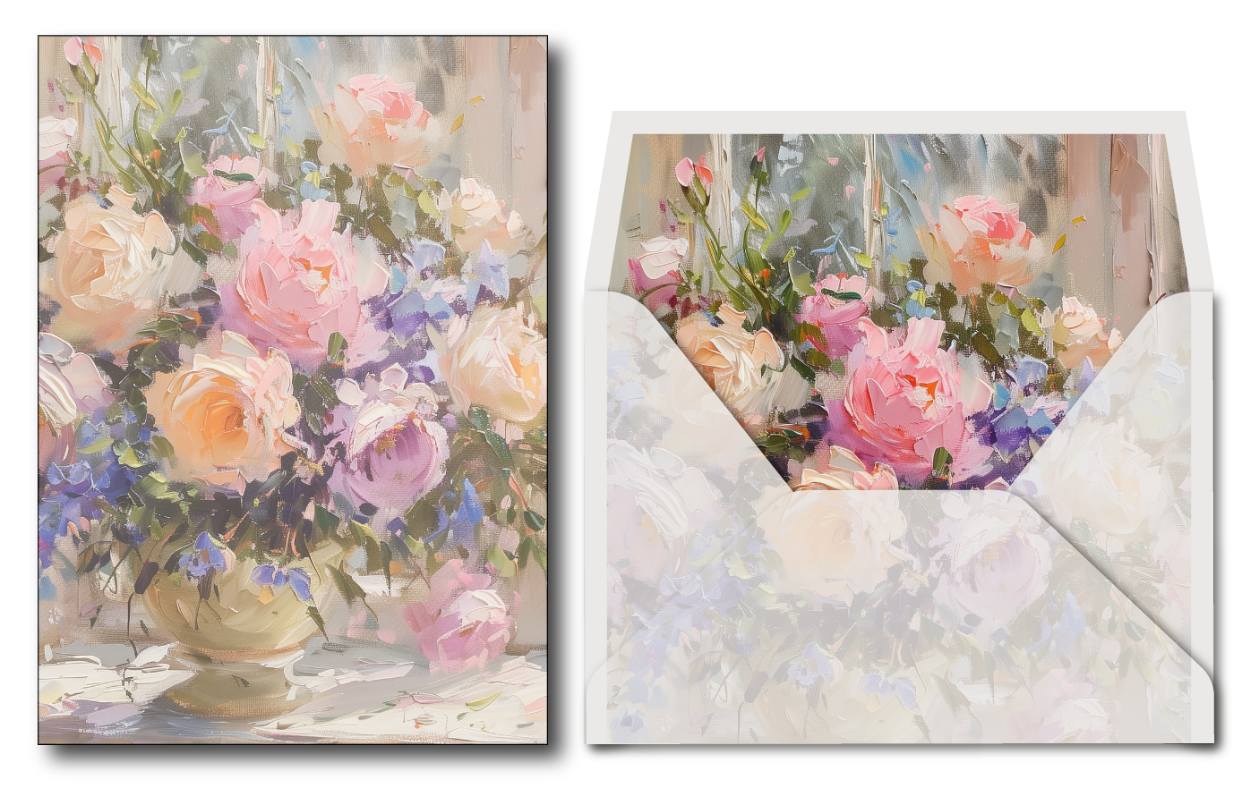 Printed vellum jacket in a Floral arrangement in a vase with an open envelope revealing more flowers, all set against a soft, blurred background.