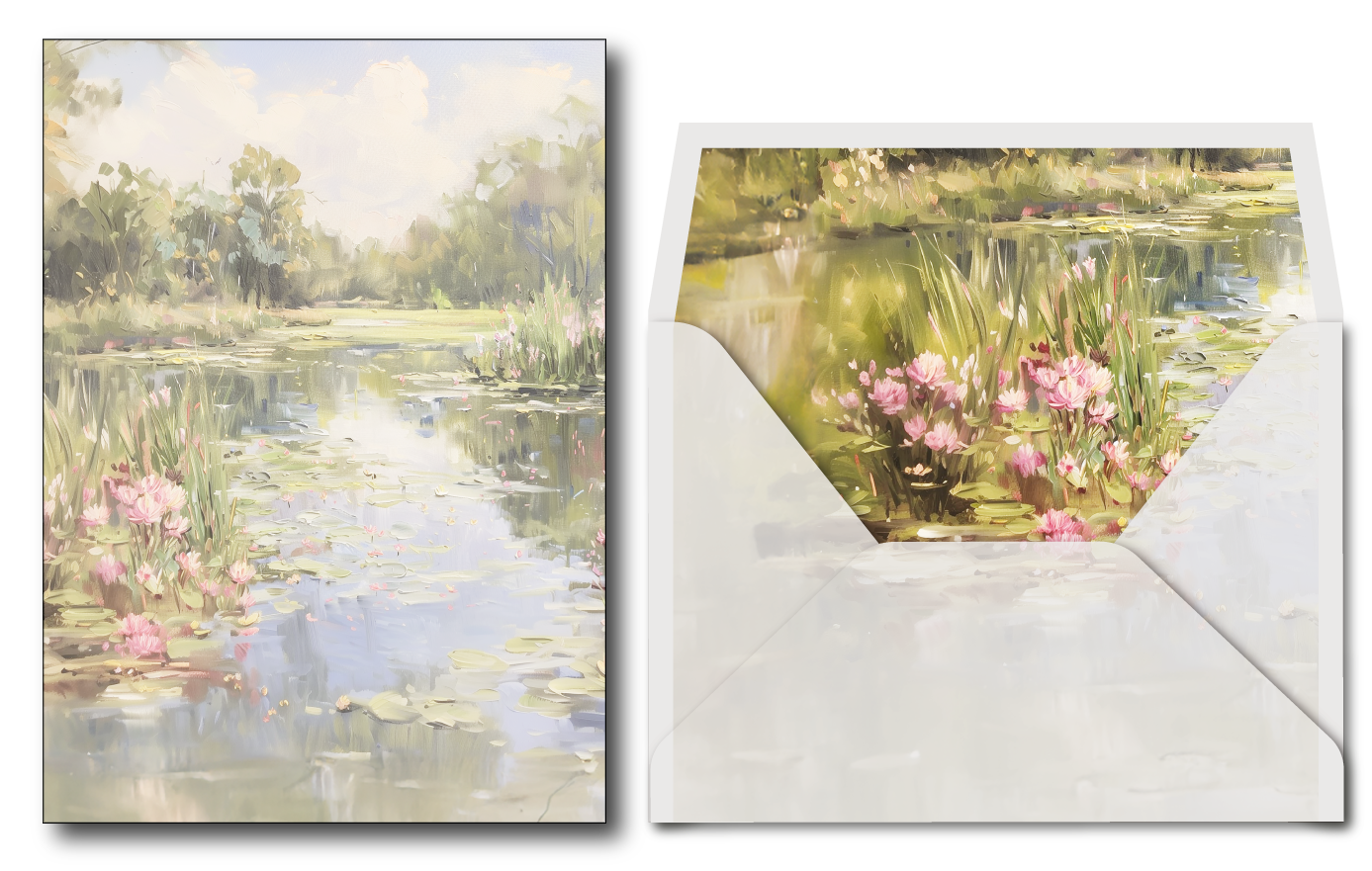 Printed vellum jacket with a scenic landscape of a pond and flowers, featuring an envelope.