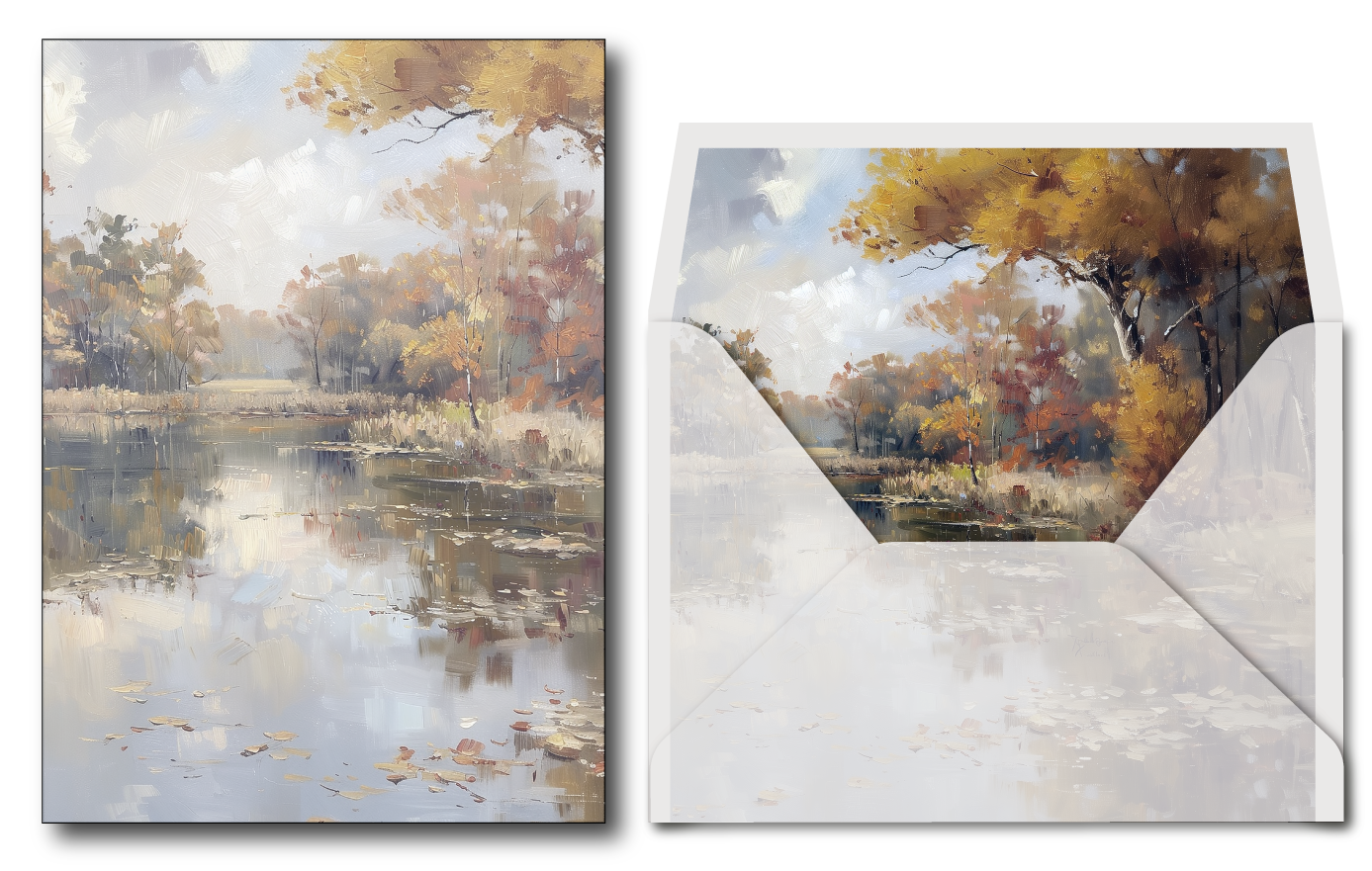 Printed vellum jacket with autumn landscape and envelope featuring a lake and trees.