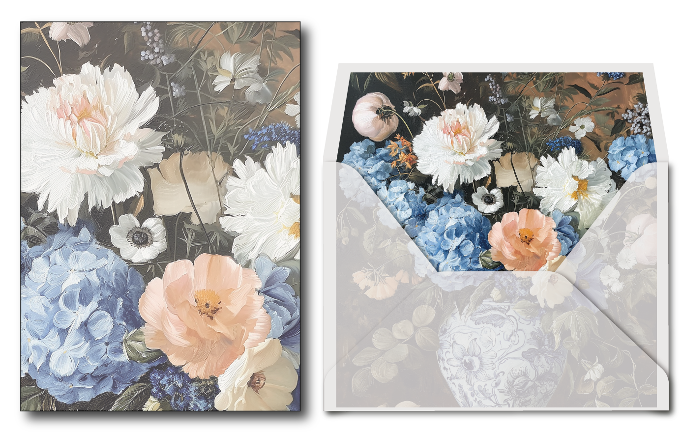 Floral design on Printed vellum jacket with an envelope, featuring blue, pink, and white flowers.