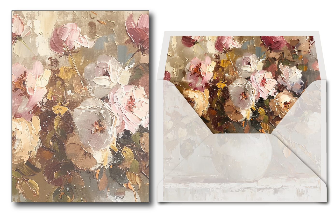 Printed vellum jacket with envelope featuring a collage of flowers in pink, white, and gold.