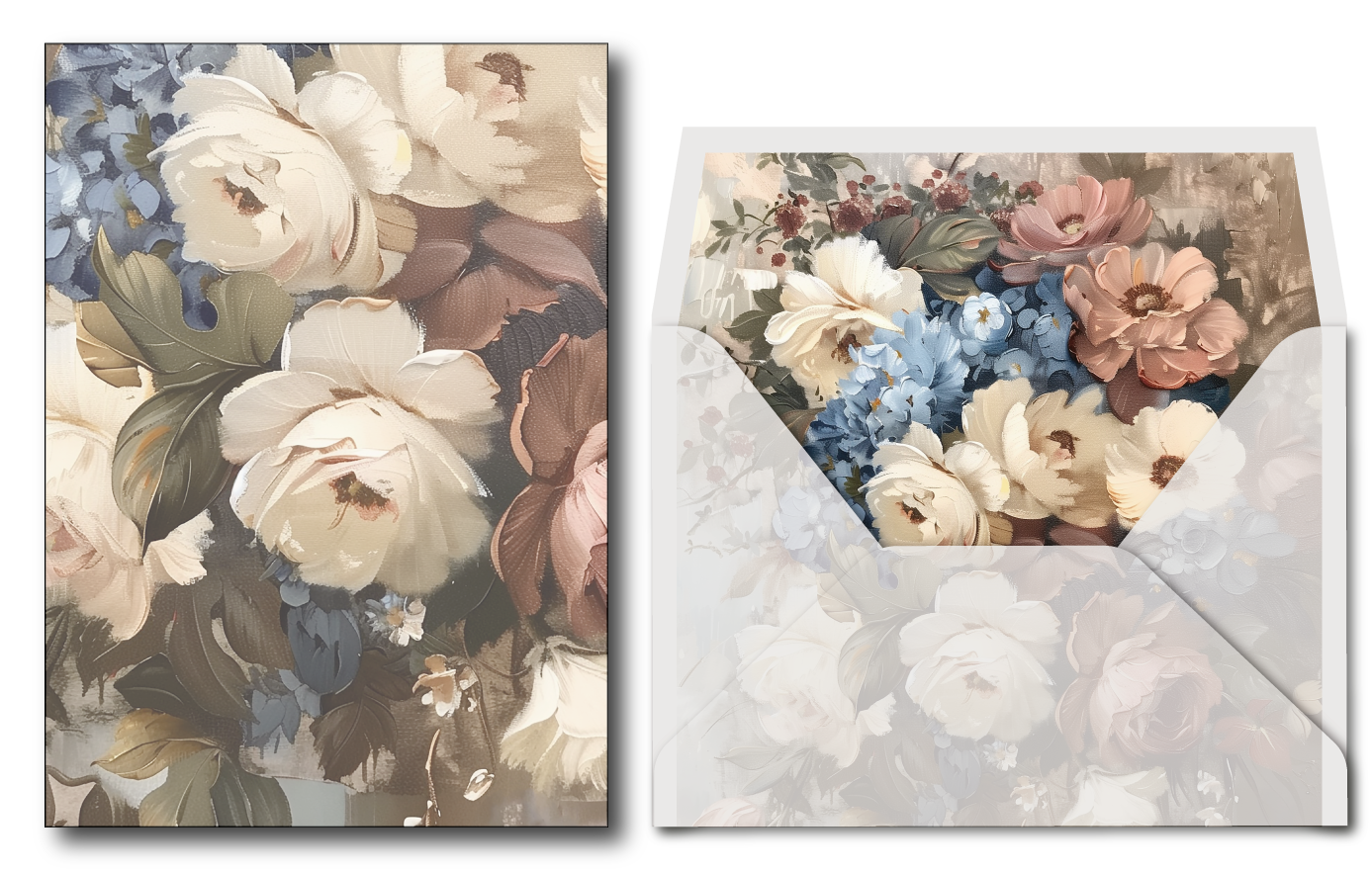 Floral patterned vellum with a matching envelope on a white background