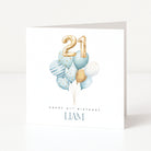 Birthday card with blue balloons and gold number '21' on a white background