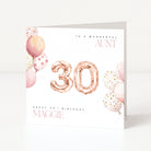 Birthday card with rose gold balloons and '30' for a 30th birthday celebration.