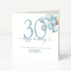 Birthday card with blue balloons and '30 happy birthday' text on a white background