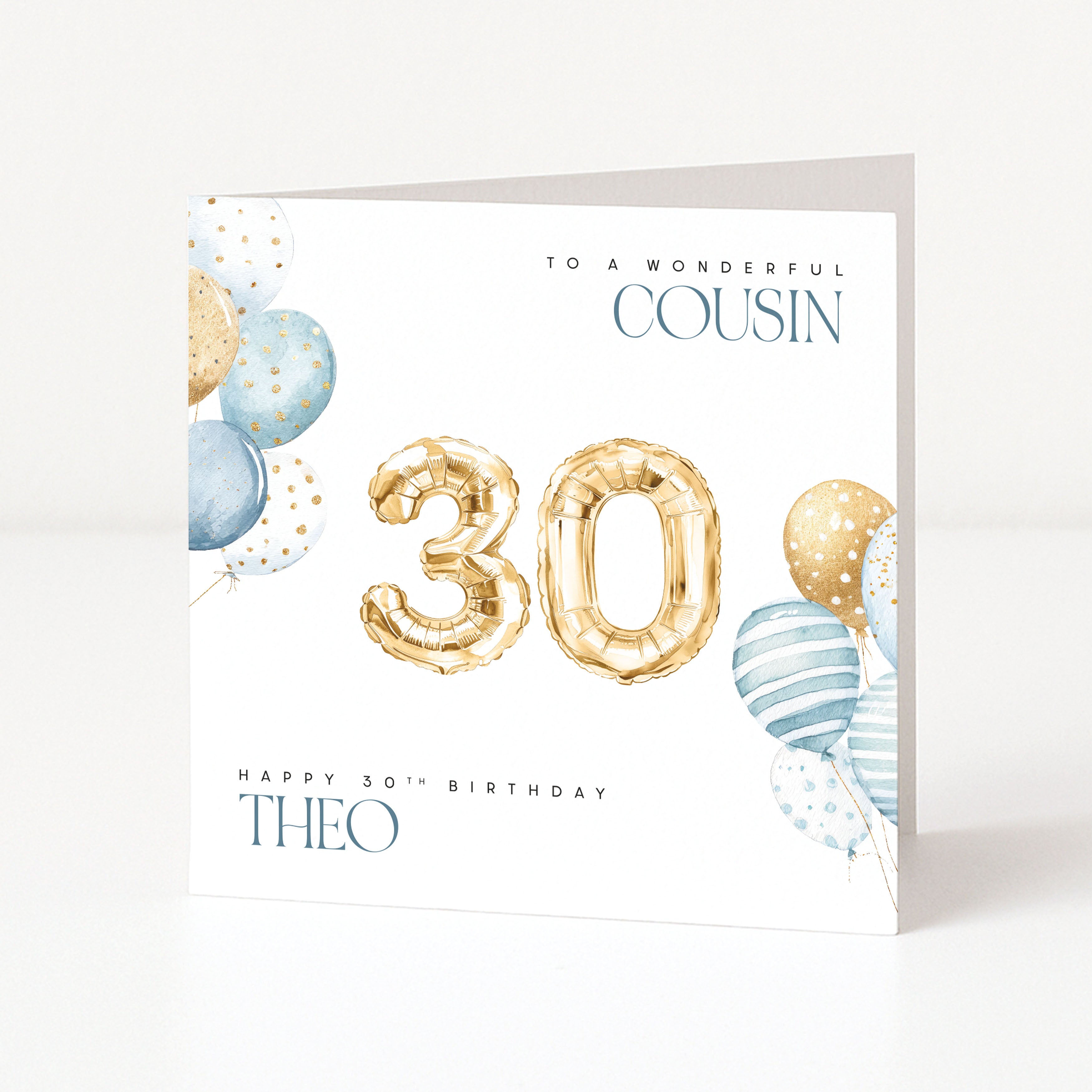 Birthday card for a cousin with gold and blue balloons and the number 30.