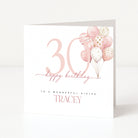 Birthday card with pink balloons and personalized text on a white background